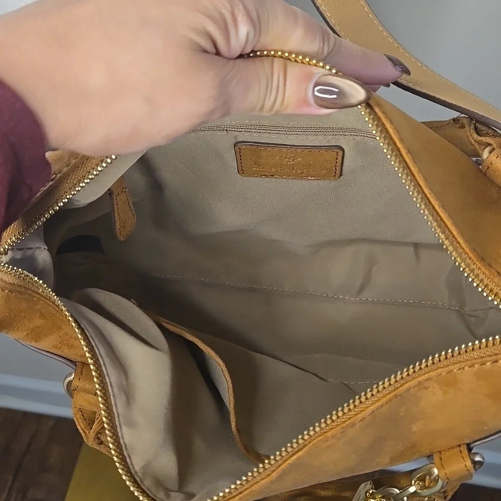 Nanette Lepore Tan Suede Purse Gold Accents Bag Charms Removable Strap Western - Picture 5 of 8